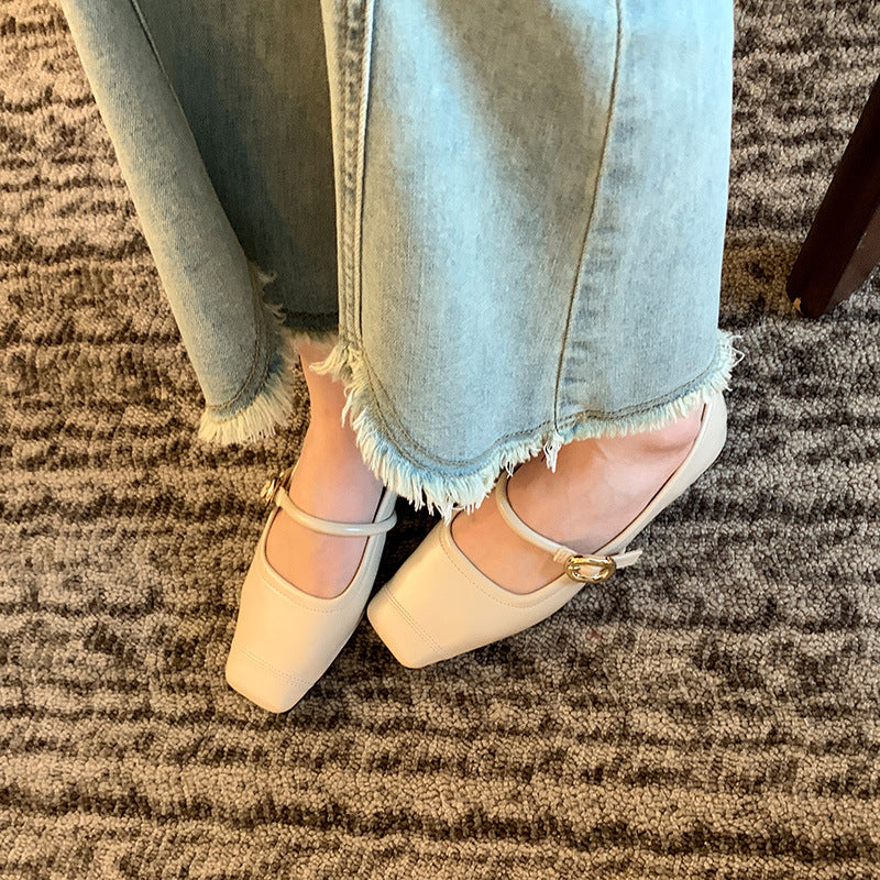Chaussures plates en cuir, bout carré, avec boucle en métal doré, talon bas