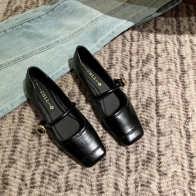 Chaussures plates en cuir, bout carré, avec boucle en métal doré, talon bas