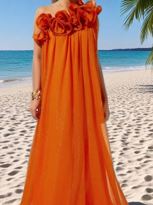 Robe d’été motifs florale 3D, épaule dénudées