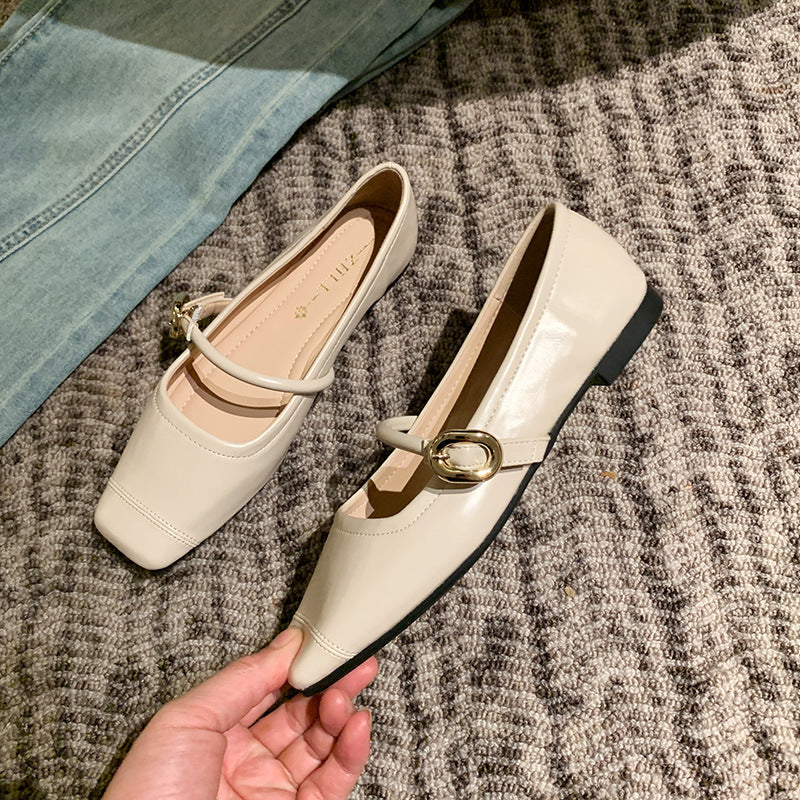 Chaussures plates en cuir, bout carré, avec boucle en métal doré, talon bas