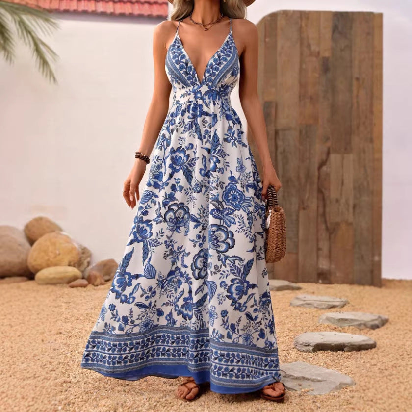robe longue imprimé floral bretelles col dos nu