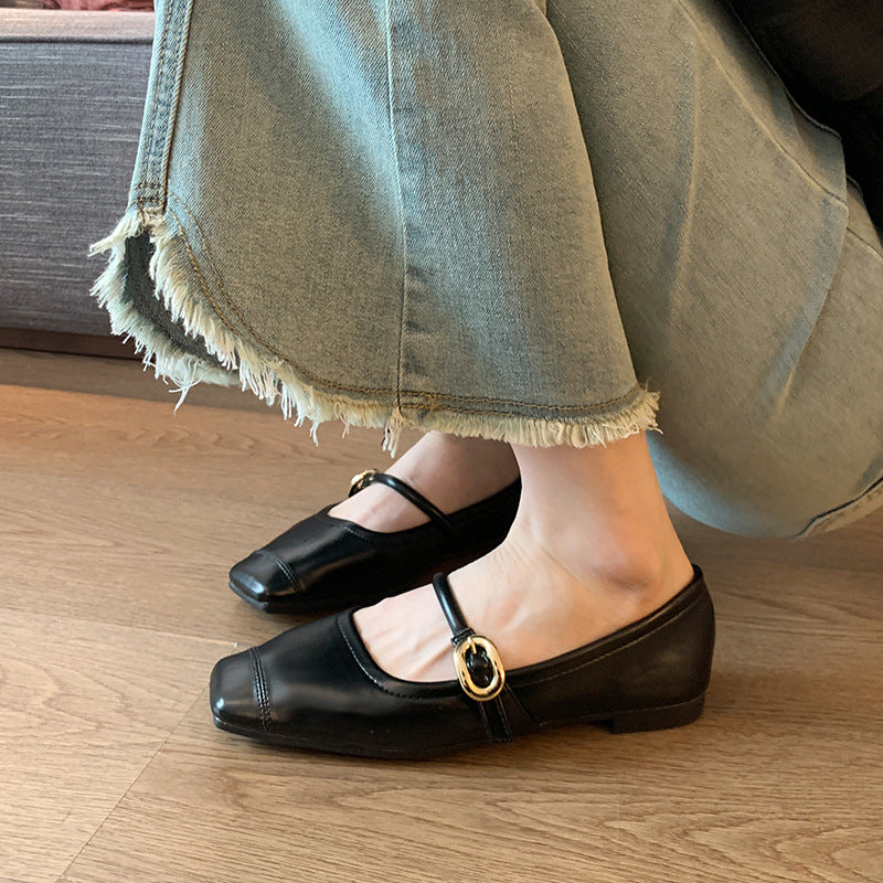 Chaussures plates en cuir, bout carré, avec boucle en métal doré, talon bas