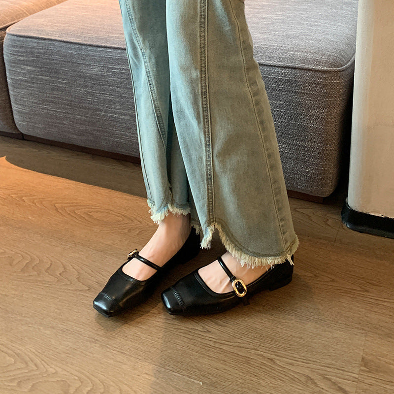 Chaussures plates en cuir, bout carré, avec boucle en métal doré, talon bas