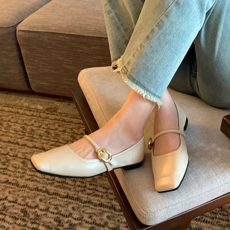 Chaussures plates en cuir, bout carré, avec boucle en métal doré, talon bas