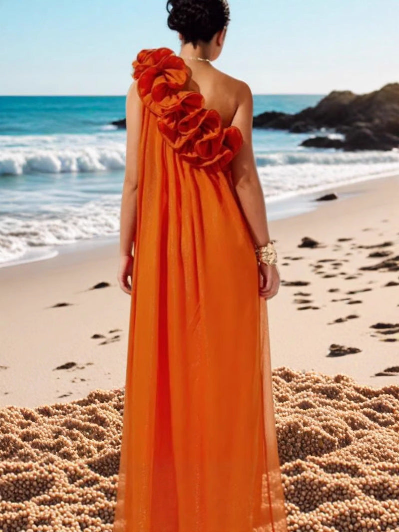 Robe d’été motifs florale 3D, épaule dénudées
